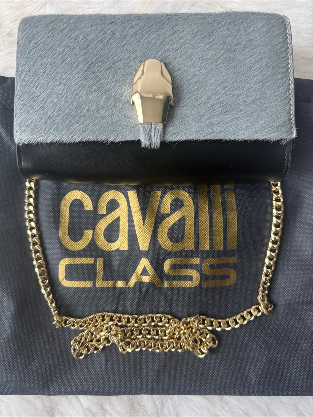 Cavalli Class Gray Haircalf and Black Leather Crossbody with Gold Chain
